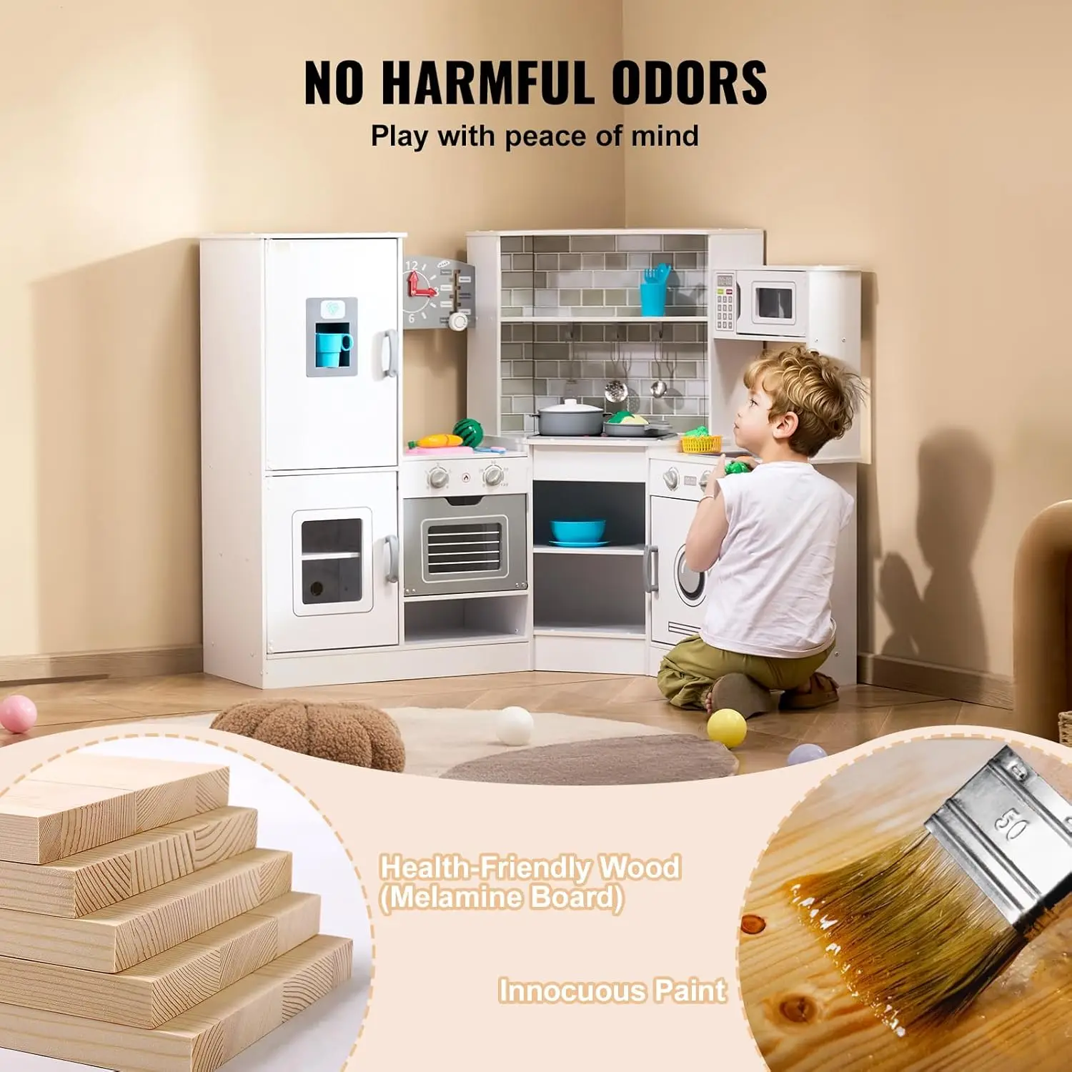 Corner Wooden Play Kitchen, Toy Set with Lights and Sounds, Toddler Kitchen with Ice Maker, Oven, Sink, Clock, Microwaves, Refri