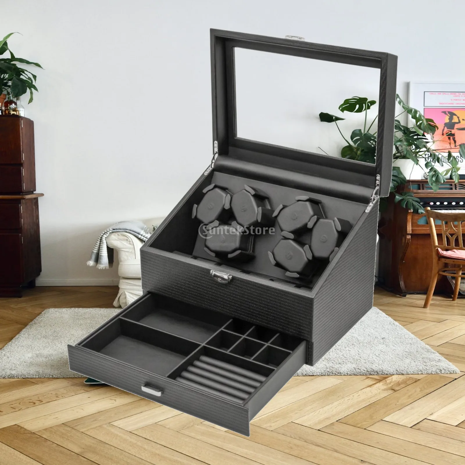 Elegant Black Watch Winder with Jewelry Compartments for Men Gift Storage Case