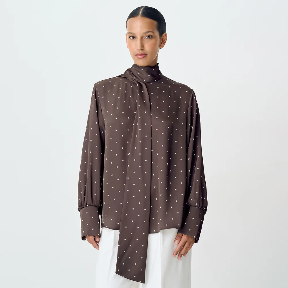 

Polka dot Bandage Shirt Woman Stand Collar Long Sleeve Blouse Women Fashion Chic Loose Top Autumn Lady Office Wear Streetwear