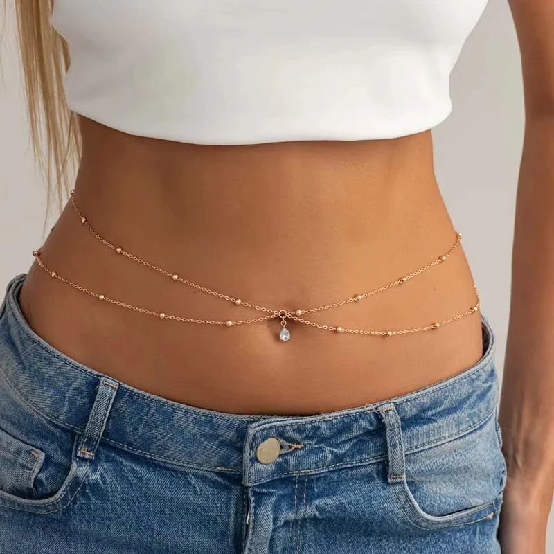 Fashion Double Layer Beaded Waist Chain for Women Simple Gold Color Metal Cross Round Bead Body Chain Bikini Jewelry Acessories