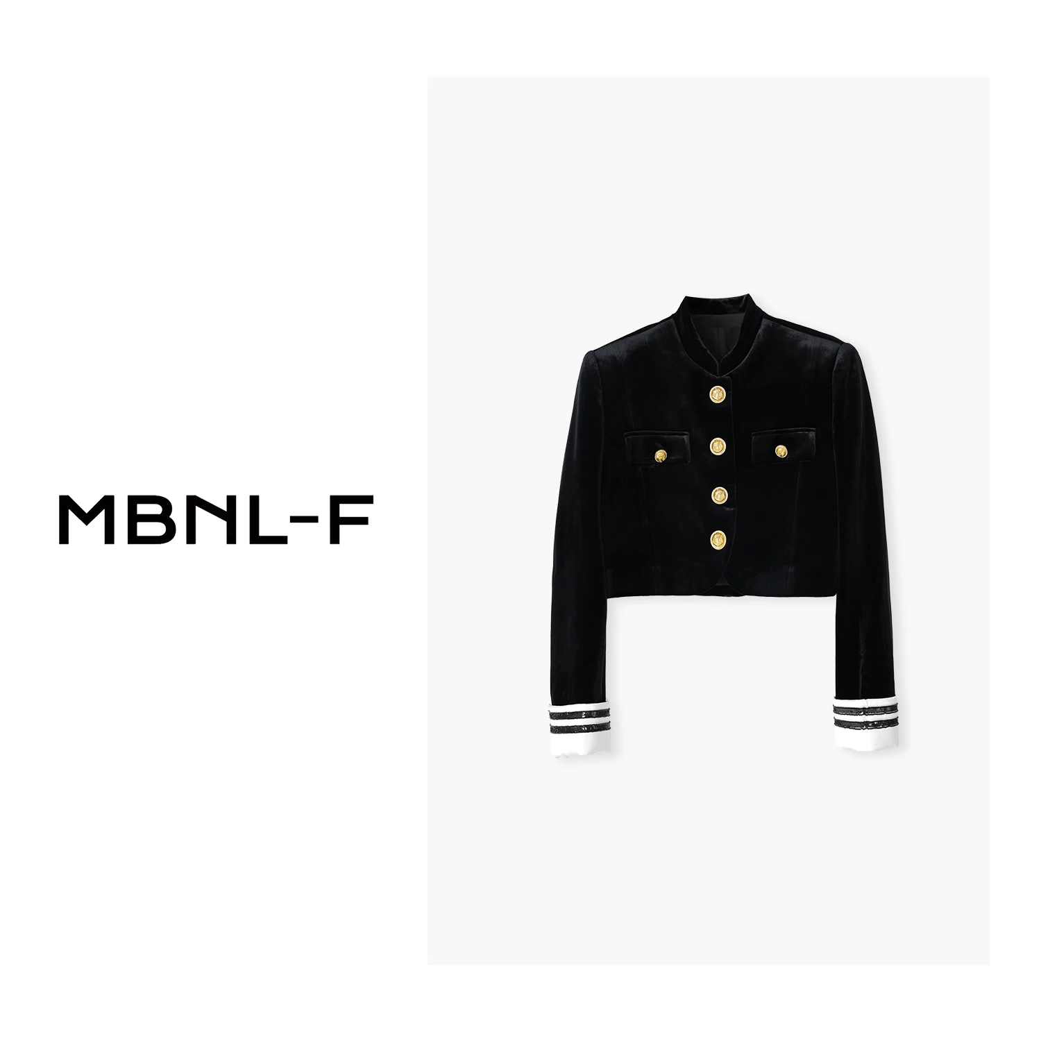 

MBNLF Черный бархатный жакет с золотыми пуговицами, короткий рукав, XMWT90, женская модная осенняя коллекция, однотонный, из других материалов...