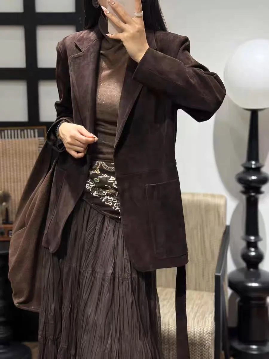 Elegante giacca in pelle scamosciata per bambini di fascia alta per donna Cappotto lungo monopetto con collo quadrato ramato con cinturino Capispalla femminile