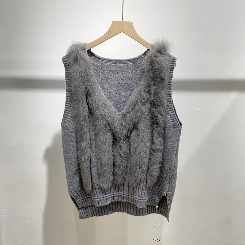 Korea Style Lovely Girl's Real Fox Fur Beige Sleeveless Autumn Vest Sweater Women Spring Knitted Waistcoat Vest