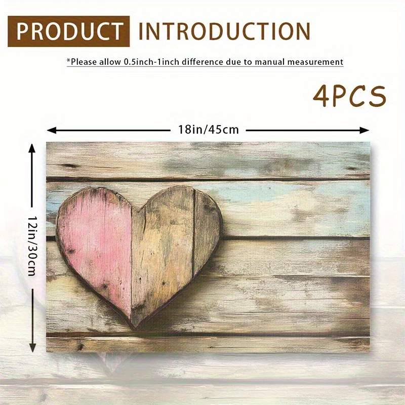 Vintage Wooden Heart Placemats 12.0x18.0inch - Hand Wash Only, Table Mats with Distressed Blue Wood Background & Pink Accents