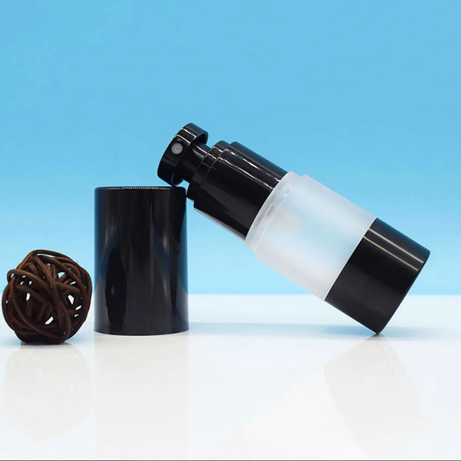 15 مللي زجاجة بدون هواء غطاء مضخة سوداء أسفل غسول الجسم بلوري/مستحلب/الأساس/الجوهر/مصل الزيت/حبر مستحضرات التجميل