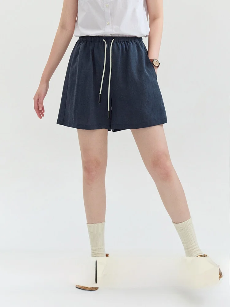 

AMUU Original Deep Blue Linen Silk Women's Short Pants Elastic Waist Drawstring Casual Trousers Summer New Style Commute Style