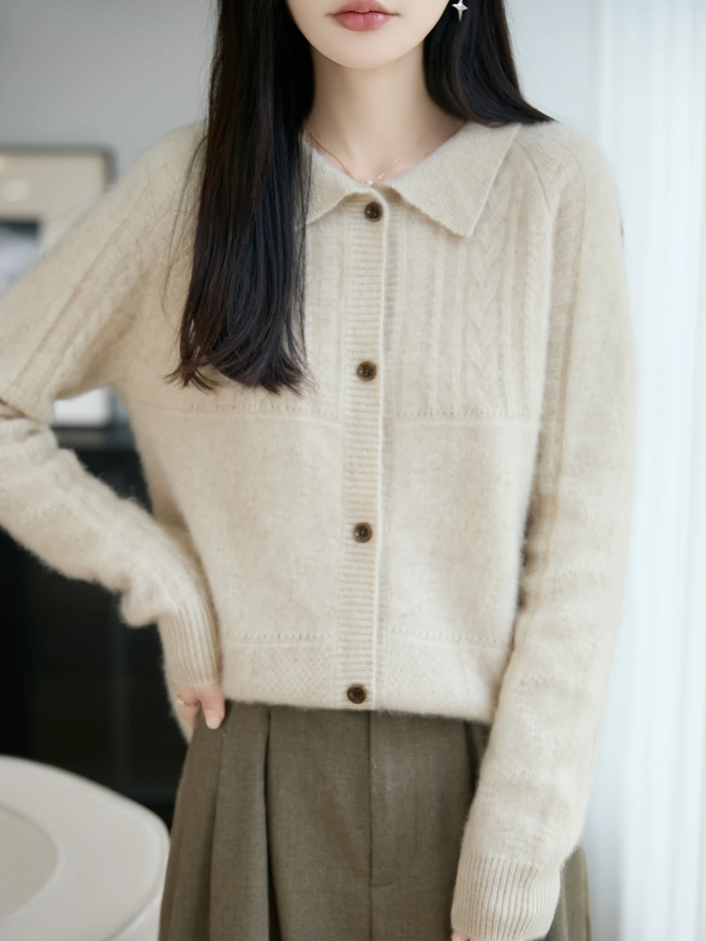Women 100% Merino Wool Cardigan, Polo Collar Long Sleeve Basic Knit Sweater, Autumn Winter Thick Simple Casual Knit Top