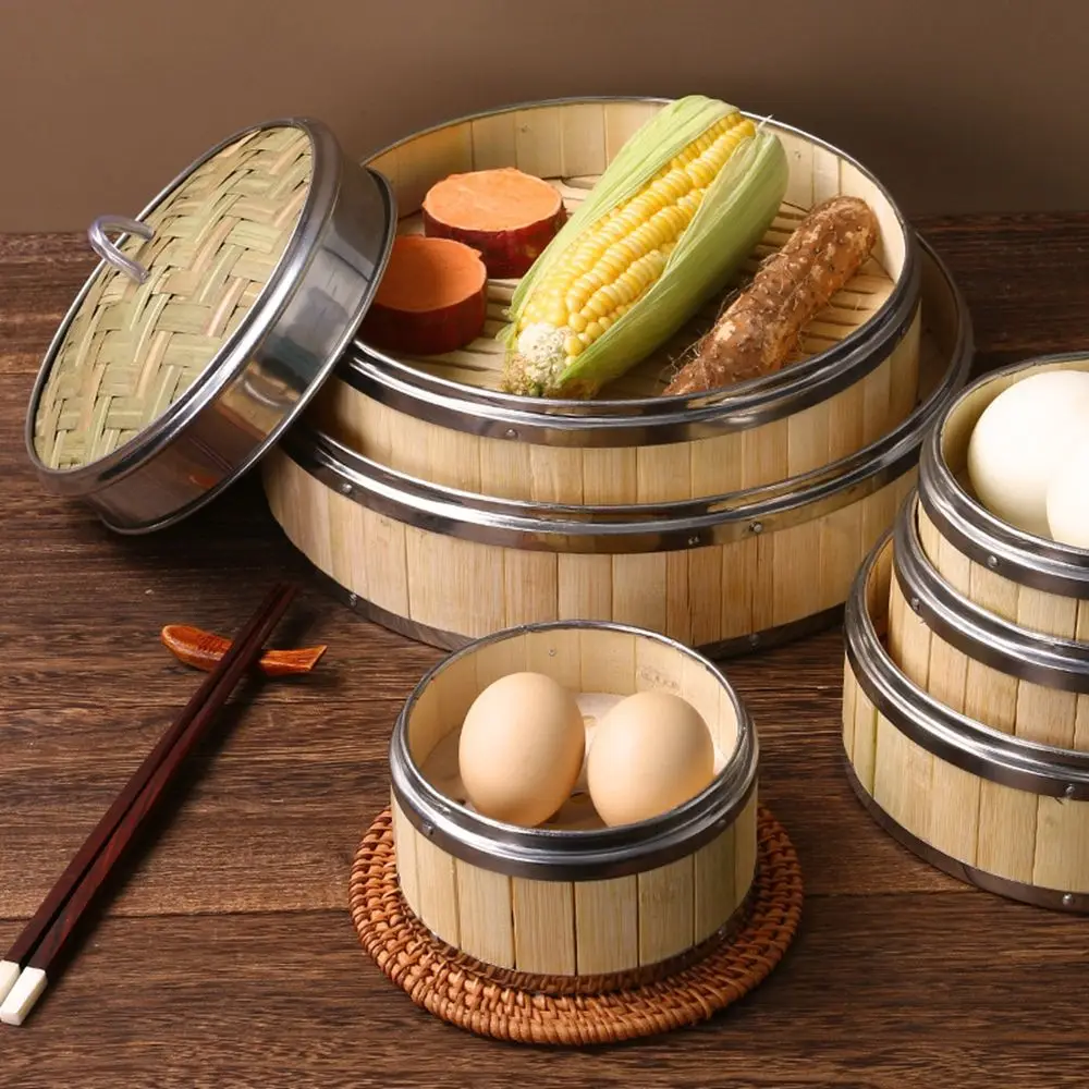 Steel Handle Dim Sum Steam Basket Kitchen Gadget Chinese Woven Bamboo Food Steamer Steamer Basket Steam Cooker Bamboo Steamer