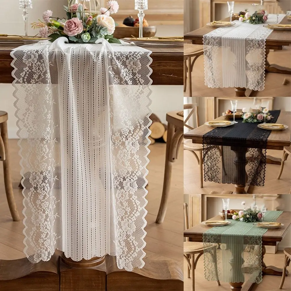 Hollowed Out Lace Jacquard Table Runner Semi-Sheer French Romantic Table Doilies Multi-size Floral Embroidered