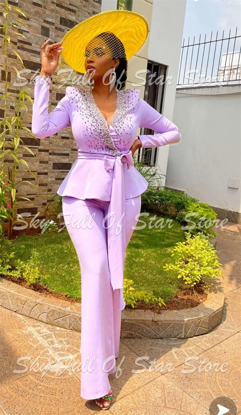 Gradient Rhinestone Belted Peplum Women Suit Set 2 Pcs Wrap Blazer+Flare Pants Formal Party Prom Wedding Evening Lady Jacket