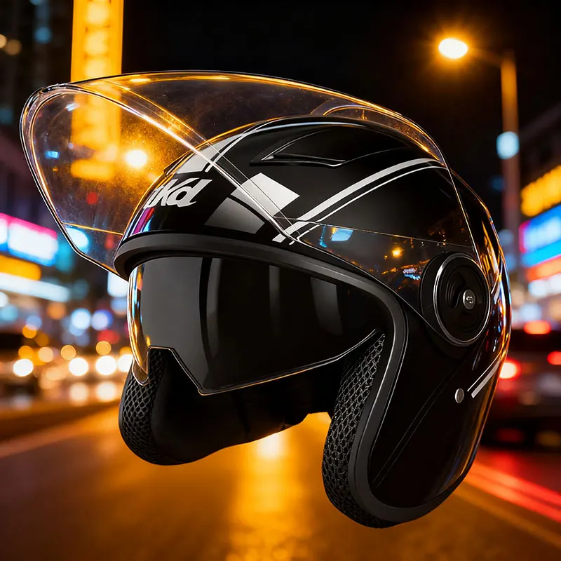 

Motorcycle Open Face Helmet For Men And Women Dual Lens Sun Visor Face Shield Top Lightweight Scooter Bike Retro 3/4 Helmet