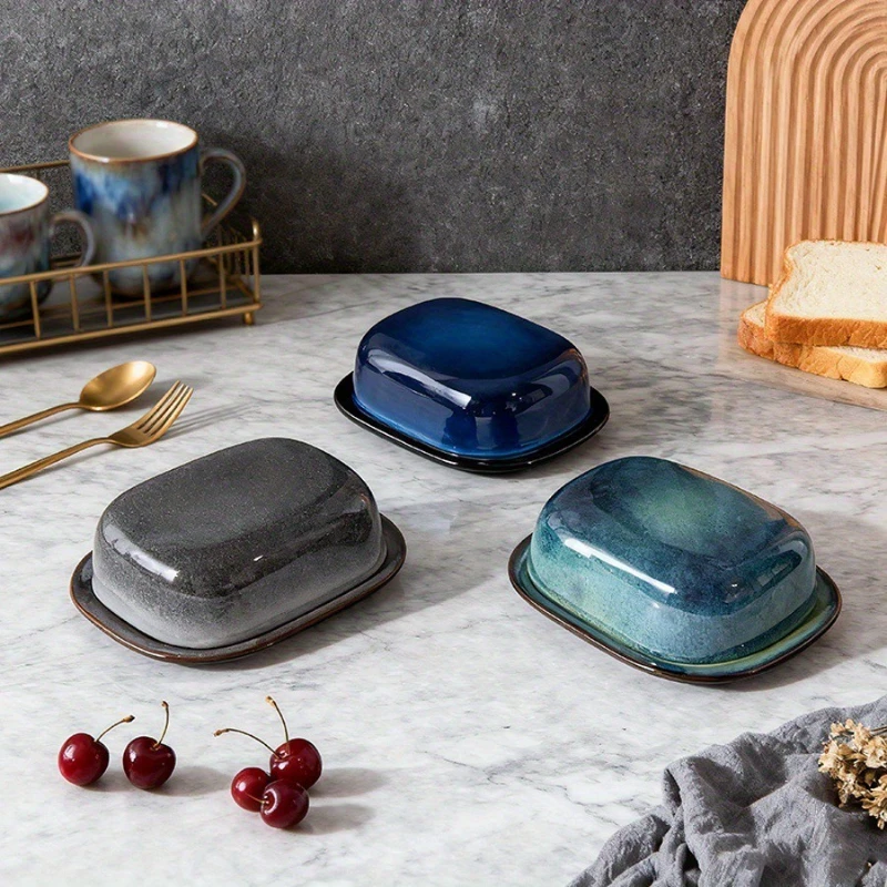Kiln‑Change Glaze Ceramic Butter Dish with Lid Options Moisture‑proof Insect‑proof Cheese Storage Box for Home Kitchen