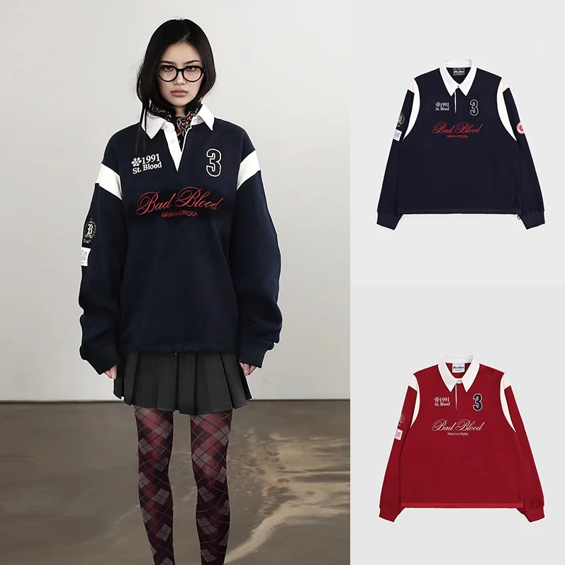 American Sle Long Sve Collar Sweatshirt Feminino Spotici Street Sportswear Confortável Algodão Poliéster Mistura Moletom Com Capuz