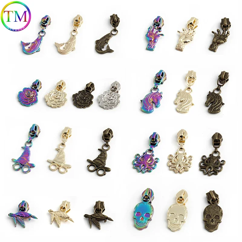 

Decorative Horsehead Shape 5# Nylon Zipper Puller Slider For Bag Luggage Tag Double Sided Pattern Zipper Head Sewing Accessories