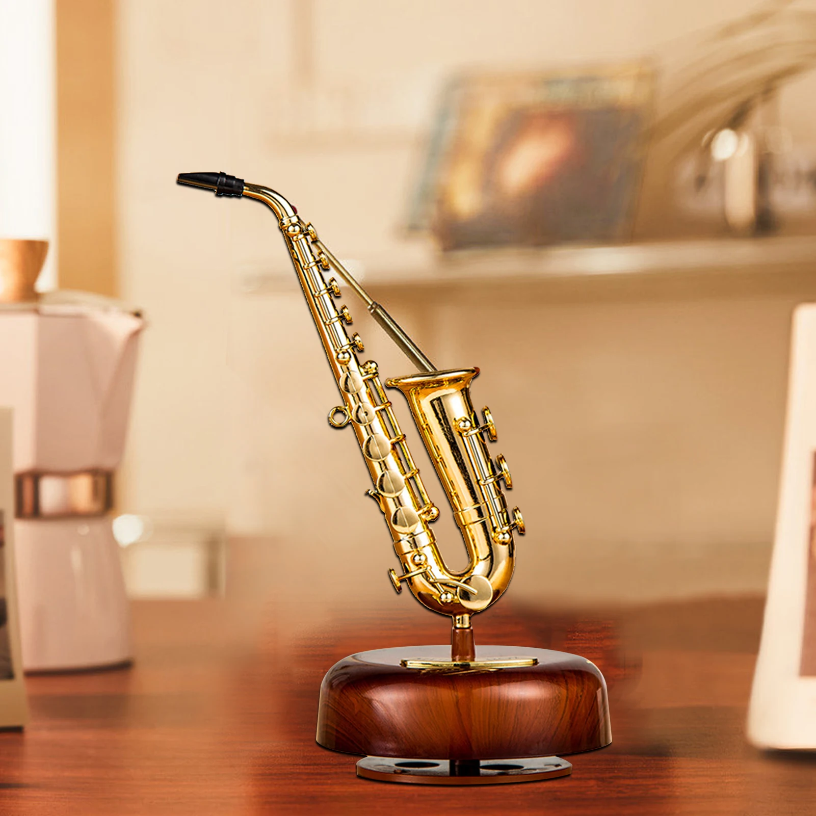 Saxophone Music Box Classical Wind Up Musicbox Twirling Music Box Rotating Base Woodwind Instrument Miniature Replica Artware