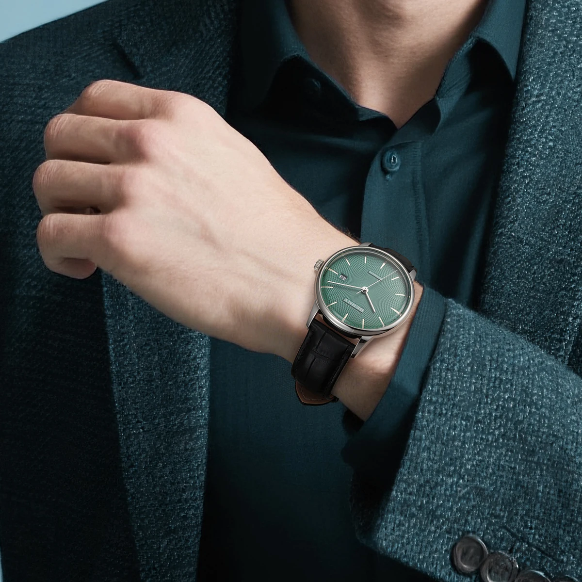 BERNY Automatikuhren für Herren, luxuriöse klassische mechanische Herrenuhr, gewölbtes Glas, Kalender, elegante, schlanke Armbanduhr – Detail 15