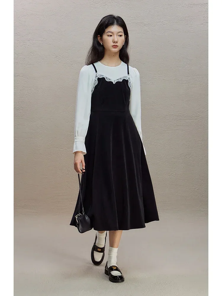 ZIQIAO Hepburn Velvet-feel Waist-cinching Fake Two-piece Dress for Women 2023 Winter New Suspender-style Mid-length Skirt Female