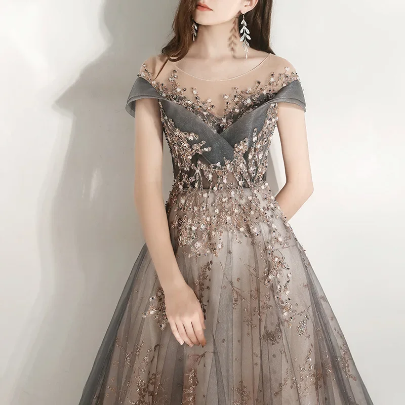 Customized  Banquet Elegant Evening Dress Scoop Sequins Appliques Floor-length Long Prom Formal Gown Vestidos De Noche