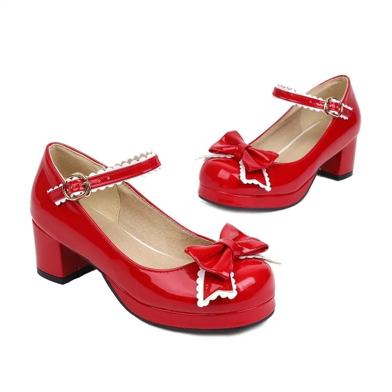 Sweet Lolita Cosplay Mary Jane Shoes Ladies Patent Leather Mid Heel Pearl Bow One Strap Plus Size Princess Party Dress Pumps