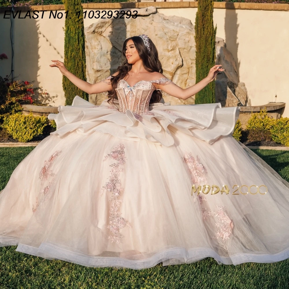 

EVLAST Customized 2026 Light Pink Ball Gown Quinceanera Dress Floral Applique Beaded Tiered Sweet 16 Vestidos De 15 Anos E1QN123