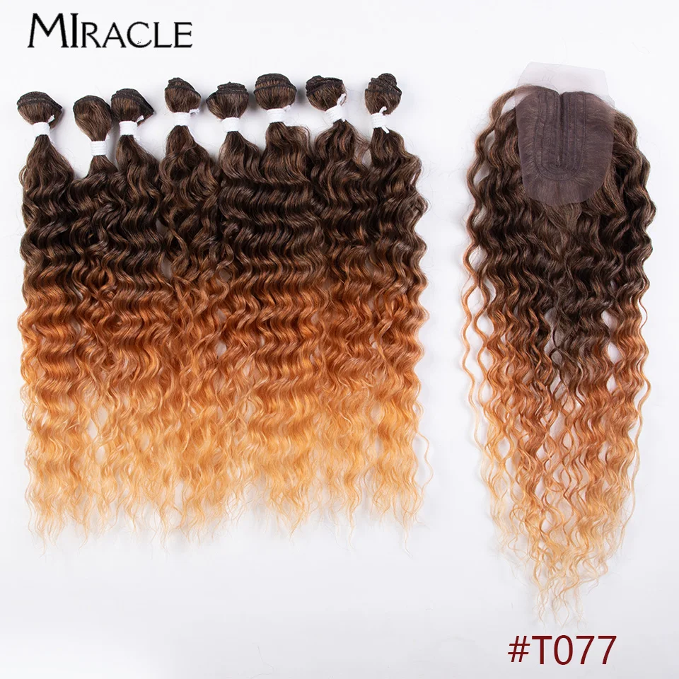 MIRACLE 9PCS Curly Hair Extensions With Closure 20'' Synthetic Hair Bundles Water Wave Weaving Hair Blonde Fake Hair Weaves