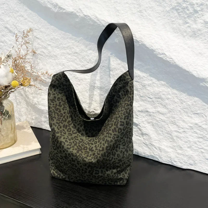 Leopard print lazy wind casual large capacity bucket bag soft cloth bag