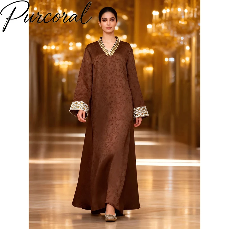 Purcoral 2026 Satin Abaya Gold Embroidery V Neck Long Sleeve Muslim Women Kaftan Modest Party Long Dress