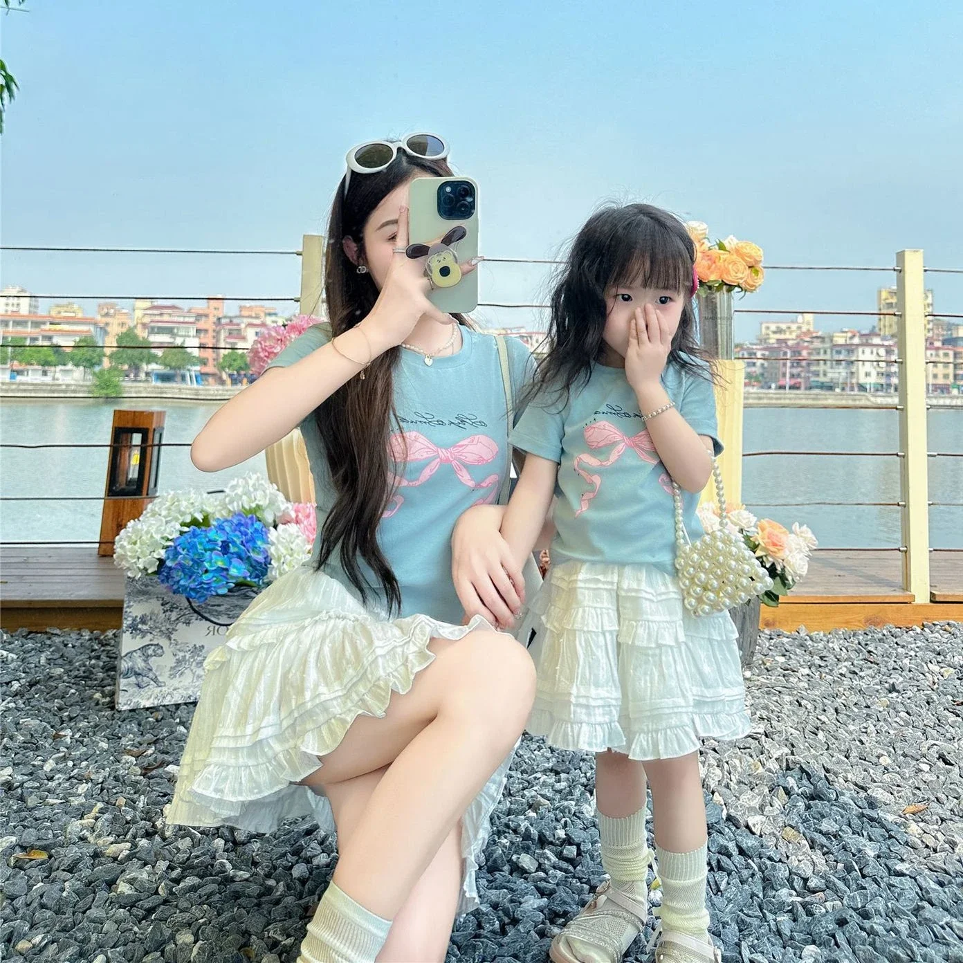 

Mom Daughter T Shirts and Skirts Sets 2024 Summer Mother and Baby Girl Matching Two Piece Outfits Korean Mummy and Me Clothes