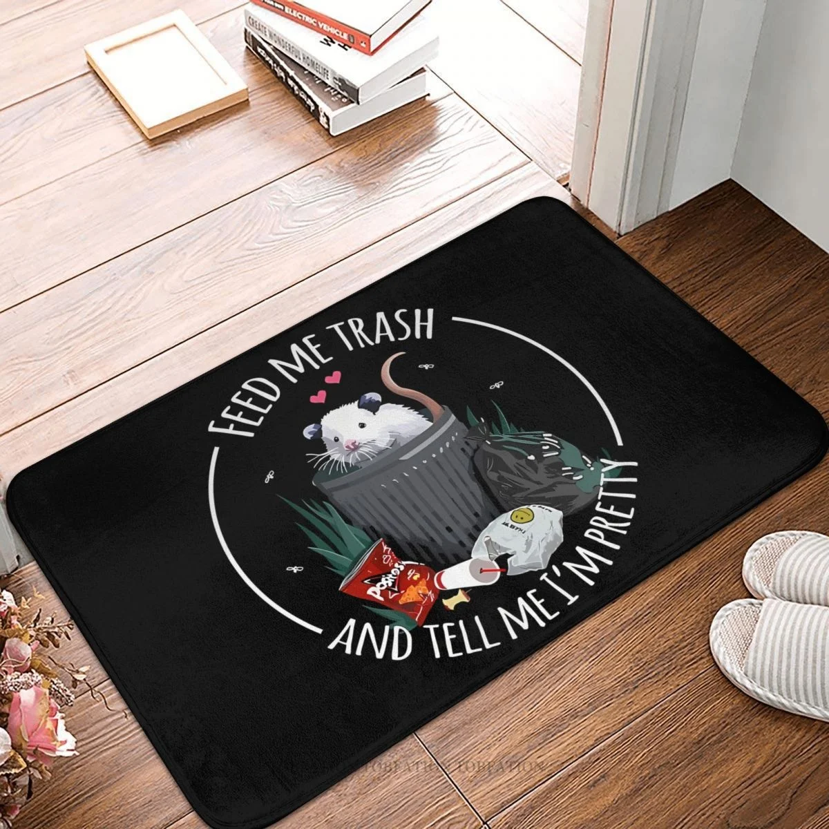 Opossum Kitchen Non-Slip Carpet Feed Me Trash Possum Cute Funny Trash Cat Flannel Mat Welcome Doormat Floor Decor Rug