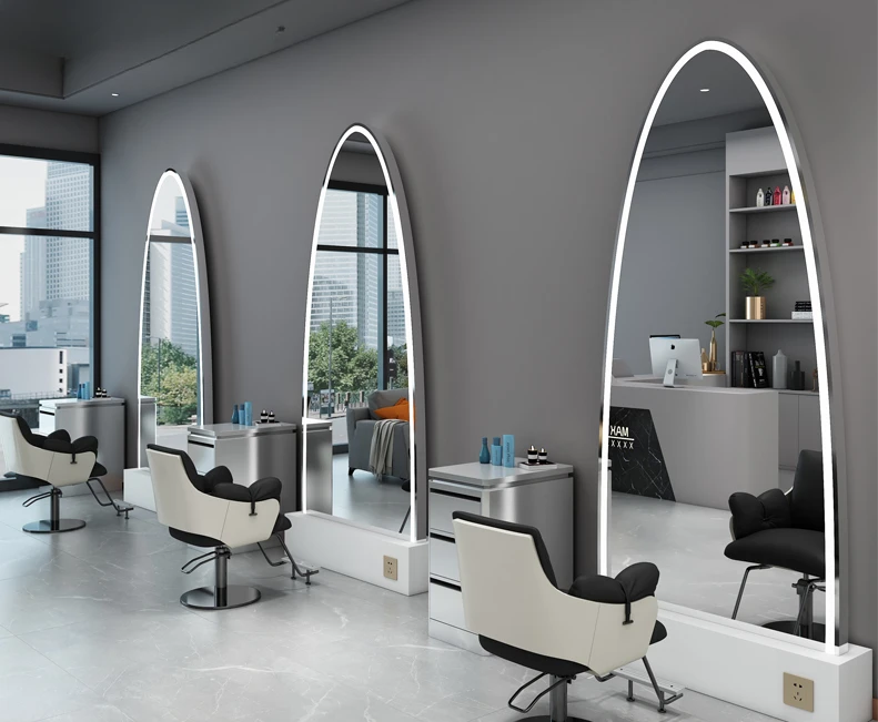 Hairdressing shop mirror table, barber net celebrity shop single and double integrated with lamp against the wall floor mirror