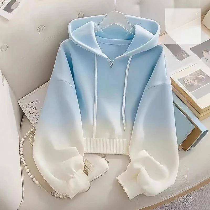 French style dopamine blue gradient high sense hooded sweater coat women's spring and autumn new unique super nice blouse.