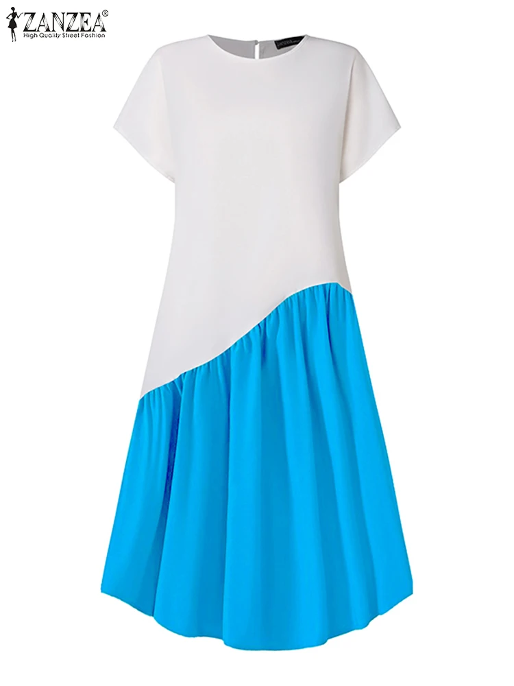 Zanzea Casual Colorblock Vestidos Patchwork Midi Dress Vrouwen Koreaanse Chique Geplooide Lange Gewaad 2024 Zomer Losse Vakantie Baggy Jurk