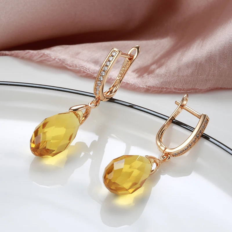 SYOUJYO Luxury Shiny Pendant Earrings 585 Rose Gold Color Natural Yellow Water Drop Zircon Inlay Wedding Party Fashion Jewelry