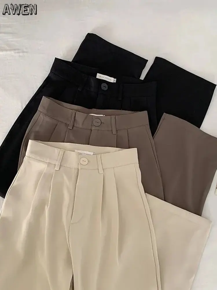 

Women Suit Pants High Waist Fall Straight Office Ladies Korean Fashion Trousers Casual Button Loose Female Black Long Pants