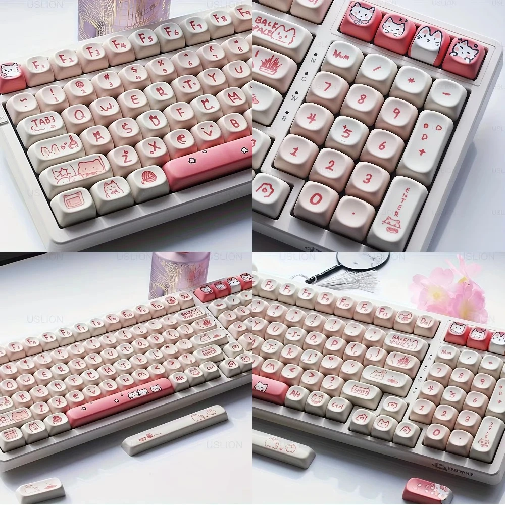 145 Keys Pink Cat PBT Keycap Set Thermosublimation MOA Cute Animal Theme for 60/84/98/108 Mechanical Keyboards