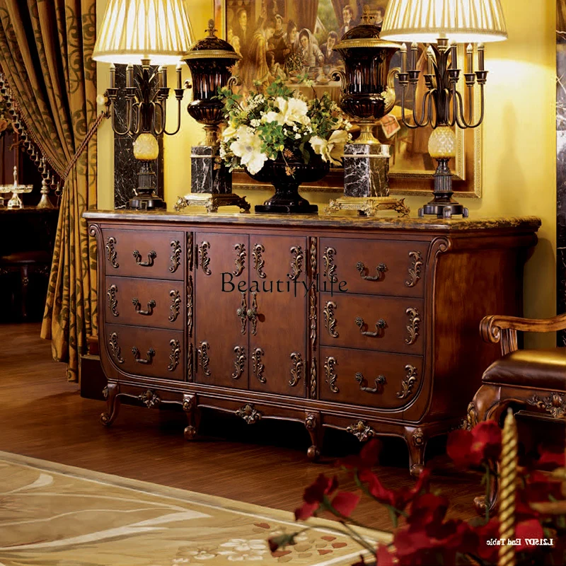 

European-style all-solid wood dining side cabinet carved and equipped with storage marble tea cabinet for home use