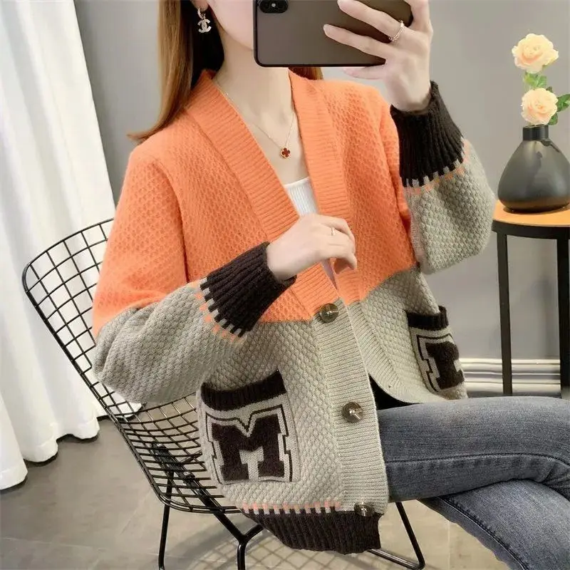 Women\'s Korean Contrast Color Patchwork Sweaters Cardigan Autumn Winter Female Fashion All-match Single-breasted Knitted Coat