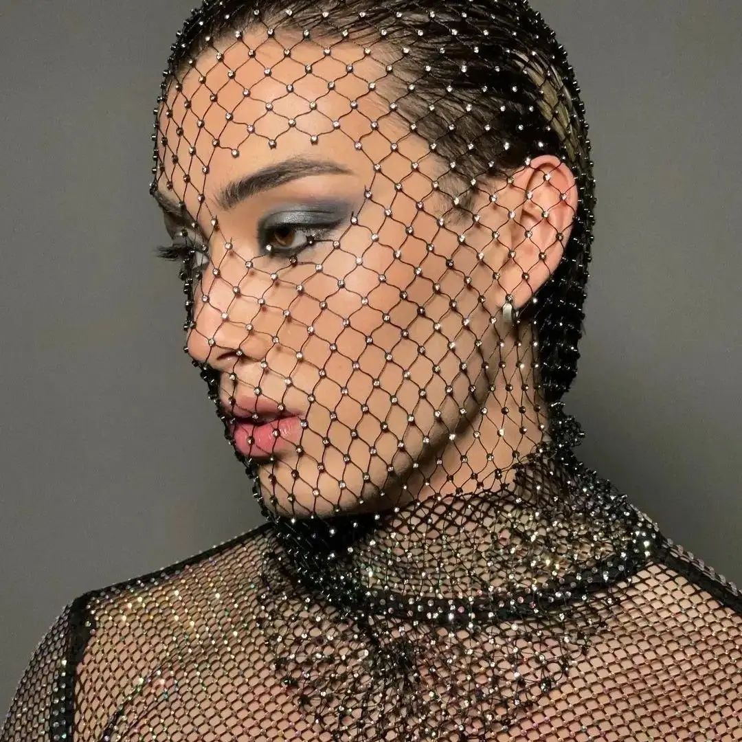 Bride Mask Hollow Out Headscarf Veil Mask Nightclub Hat Rhinestone Mesh Veil Crystal Head Diamond Headwrap Fishnet Headhood