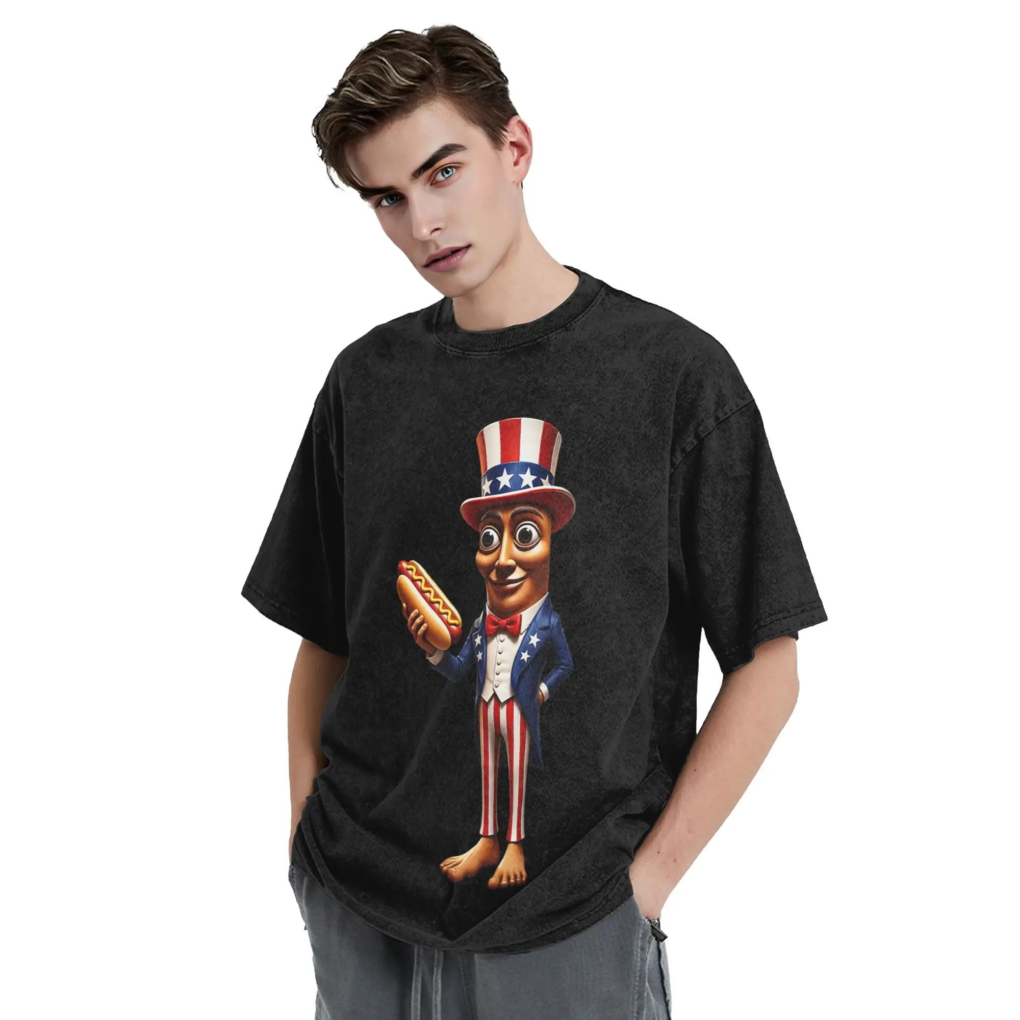 Independence Day Tung Tung Tung Sahur Hot Dog Washed T Shirt Streetwear T-Shirts Tee Shirt for Men Women Short Sleeve Street