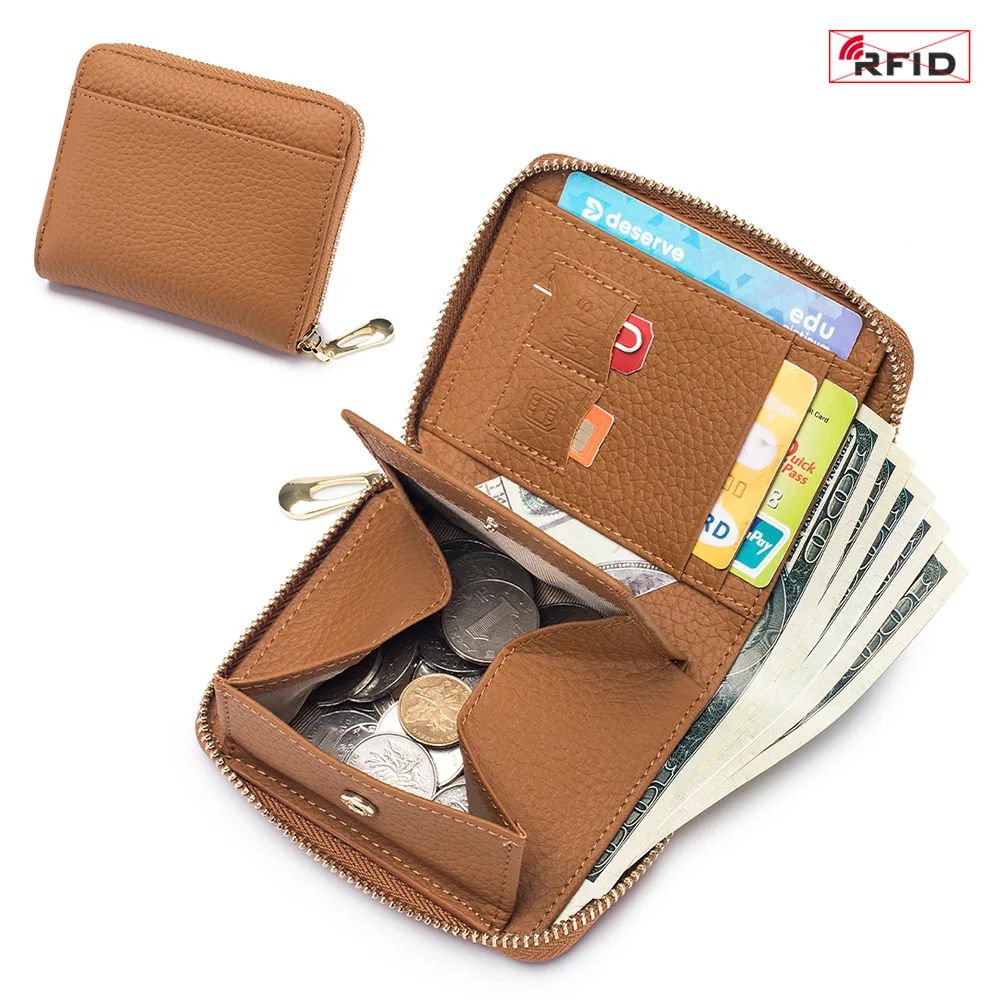 

Leather Zipper Wallet RFID Blocking Zip Around Bifold Wallets Multifunctional Card Holder Purse Short Purses