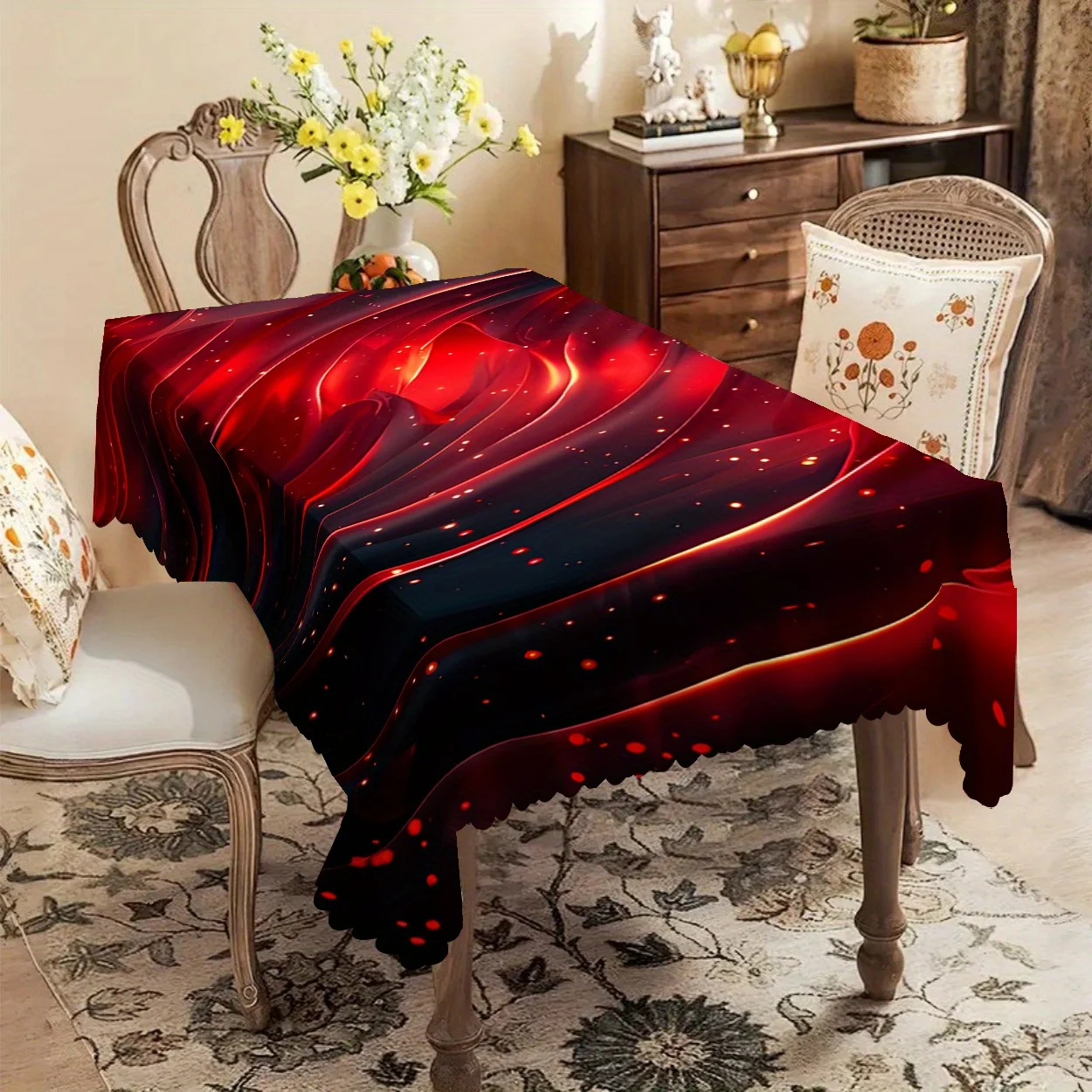 One bright red and black rotating flame pattern polyester tablecloth -