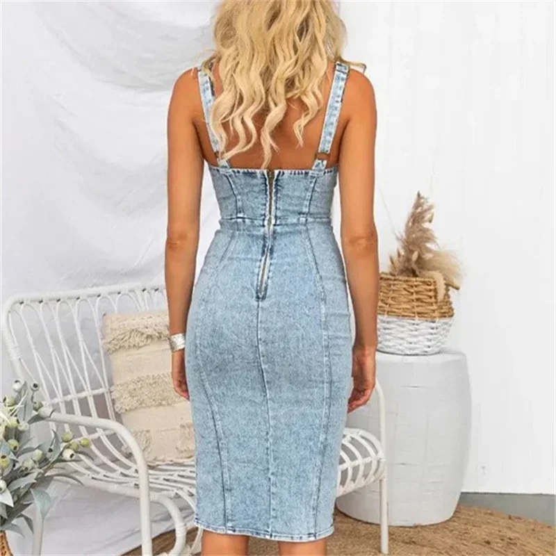 Vintage Slim Fit Denim Wrap Hip Dresses Women Casual Backless Suspenders Dress Female Front Back Zipper Split Hem Midi Gown 2024 view 2