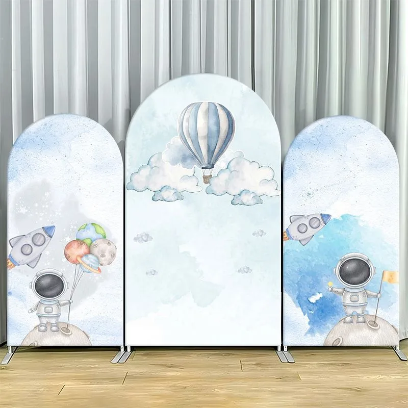 

Single Side Arch Backdrop Cover Space Explorer Theme Backdrop Set Featuring Astronauts Balloons and Rockets on Soft Watercolor