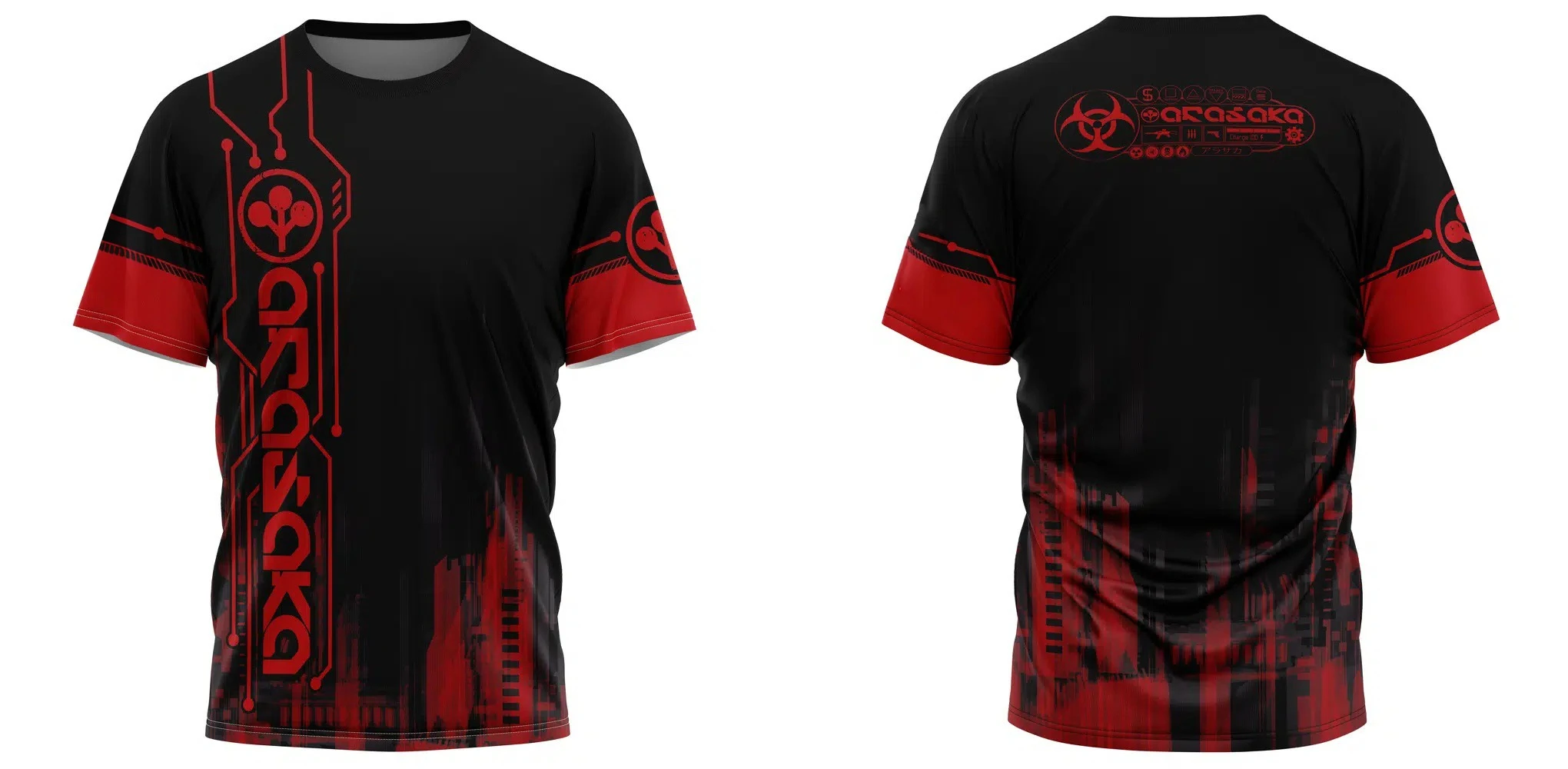 Double Sided Cyberpunk City Graphic T-shirt Unisex Red Circuit & Biohazard Symbol Print Tee Futuristic Tech Casual Short Sleeve