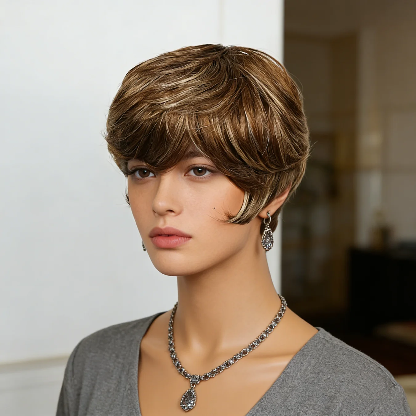 P4/27 Mixed Brown Highlight Pixie Cut Wig Human Hair for Women Short Straight with Bangs 180% Density Natural Look Versatile St image 4
