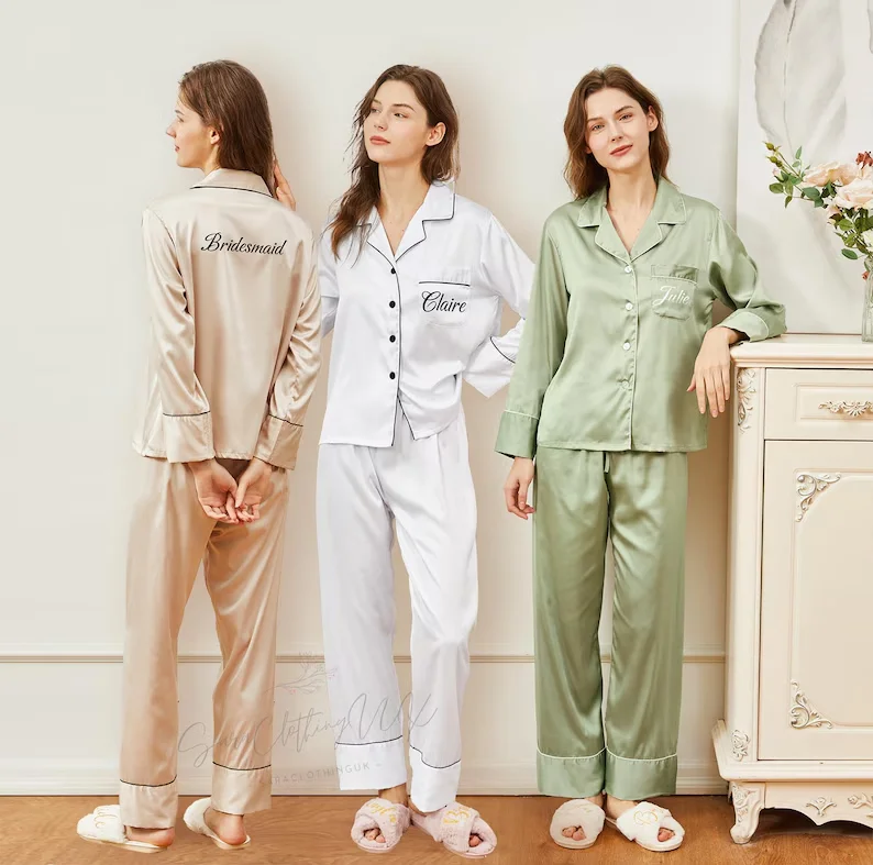 Personalised Satin Pyjamas Bridesmaid Matching Pajamas Pajamas Set Monogram Party Wedding Gift Satin Pjs Custom Name