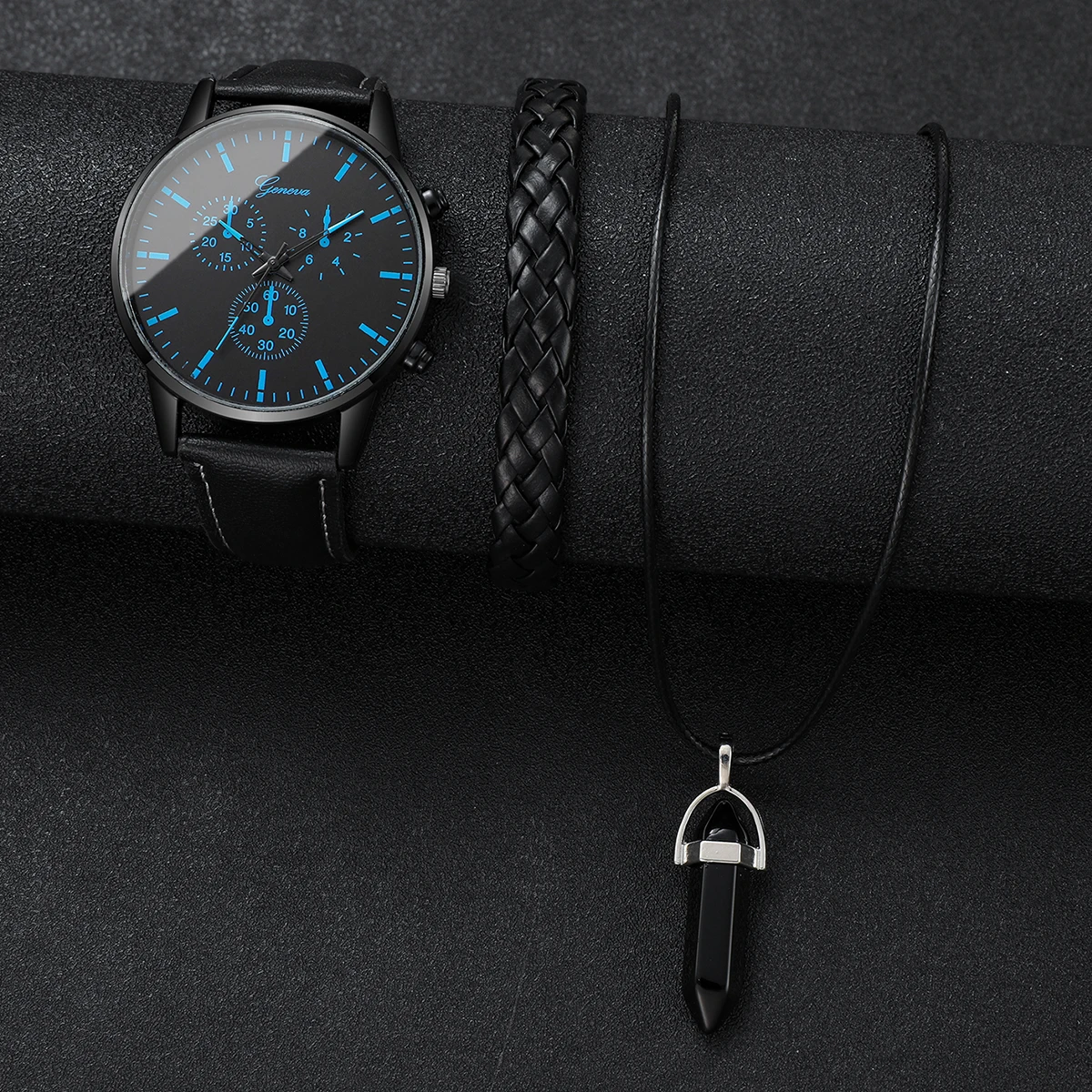 3pcs/set Men's Watch Casual Fashion Trendy Scale Dial Simple Classic Quartz Watch+Hand Rope+Necklace (Box Not Included)