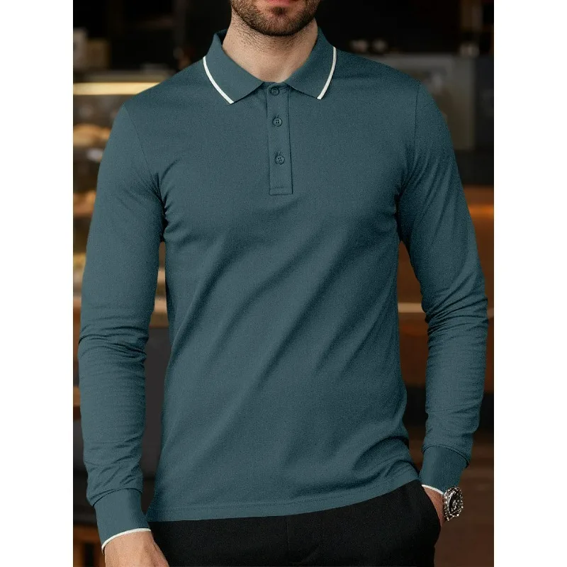 Cross-border European American Spring and Autumn Men's Lapel Solid Color Casual Top Outdoor Sports Long-sleeved Thin Polo Shirt