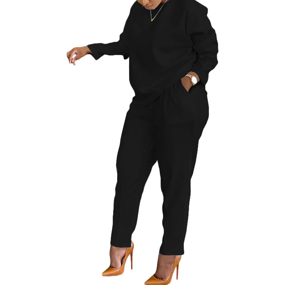 

Women Pants Sets Full Sleeved O Neck Pullover Top Wide Leg Pants Two Pieces Pockets Casual Regular Elegant Lady Autumn