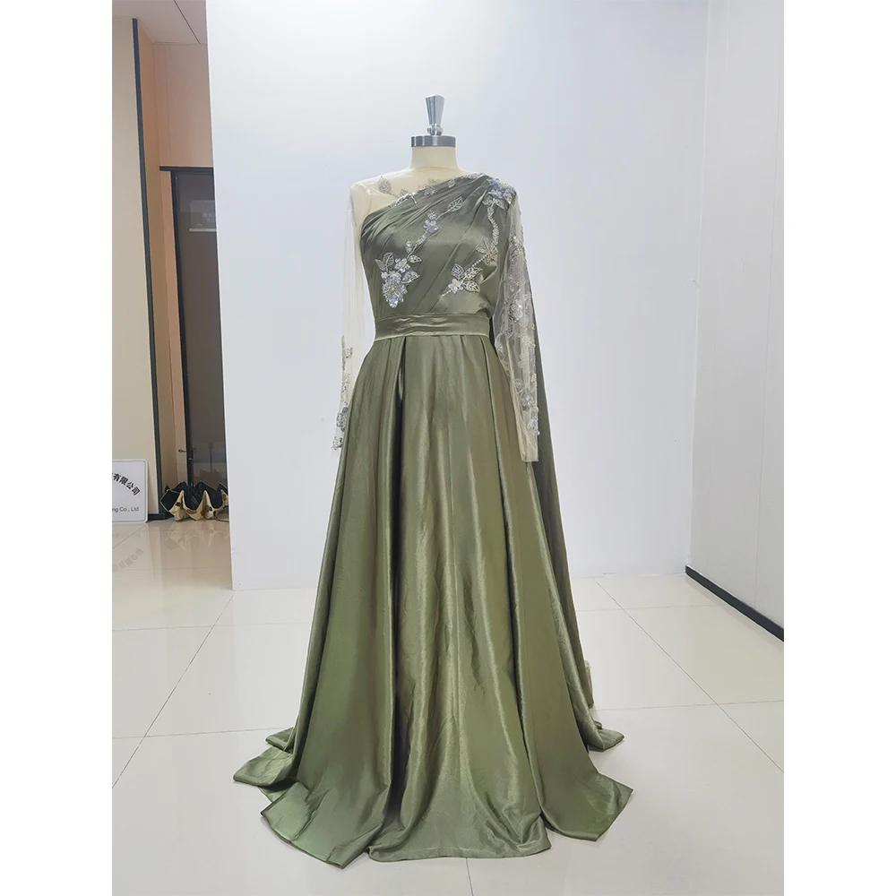 Elegant Party Evening Dress 2024 Green Appliques Sequined Long Sleeve A-Line Prom Dresses Special Occasion Chic Luxury Gown